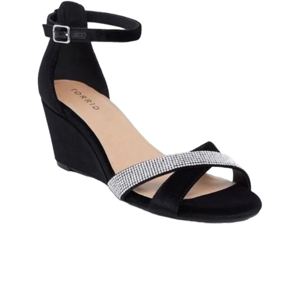 Torrid Rhinestone Demi Wedge Sandal Sz 9.5W Black Velvet Dressy Cocktail Party